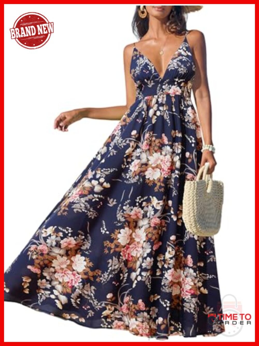 Women's Floral Maxi Dress V-Neck Sleeveless Spaghetti Strap Sundress Casual